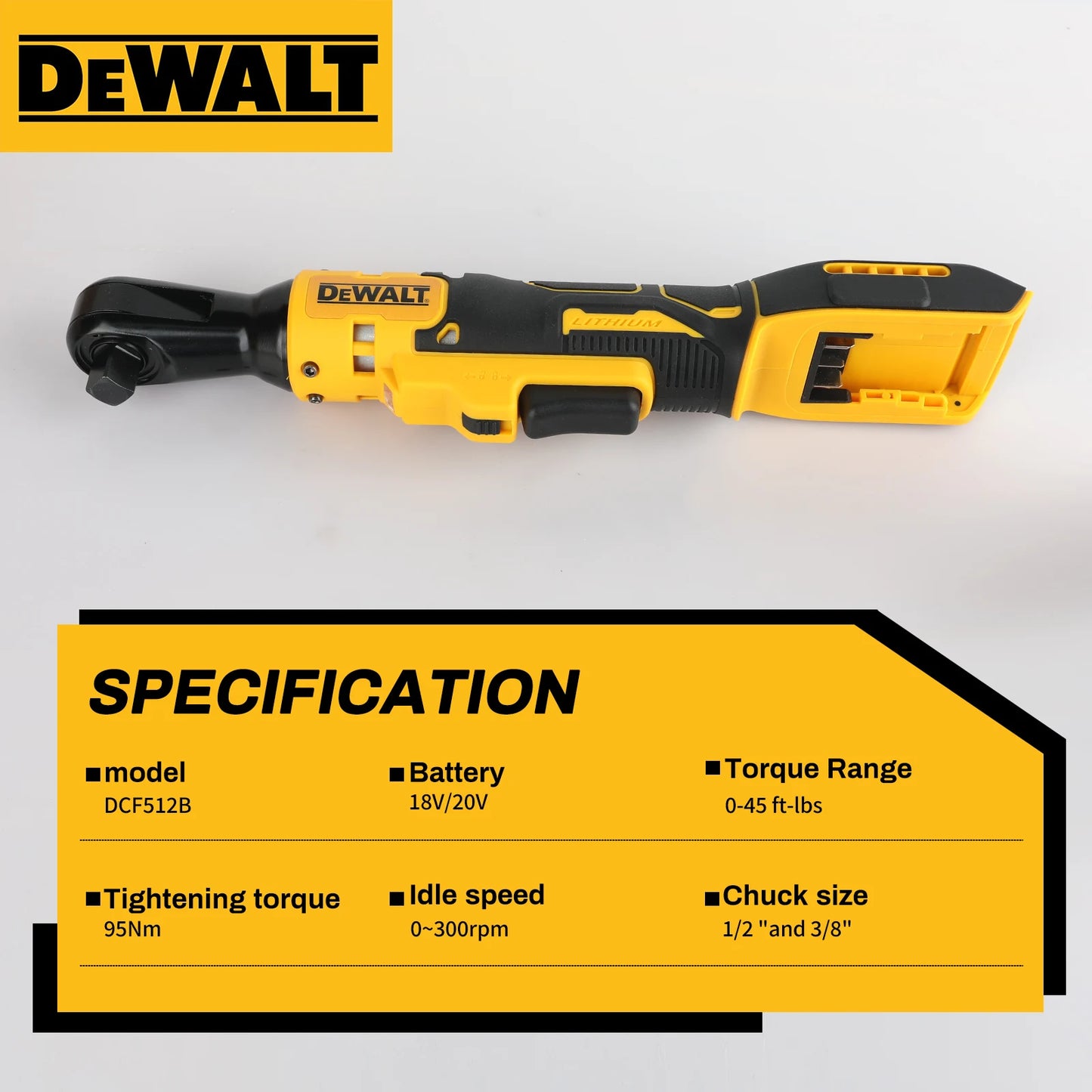 Dewalt 512， Llave de ángulo recto sin escobillas de 20 V - Torque alto 95 N, 2500 RPM, compacta para mantenimiento de automóvile